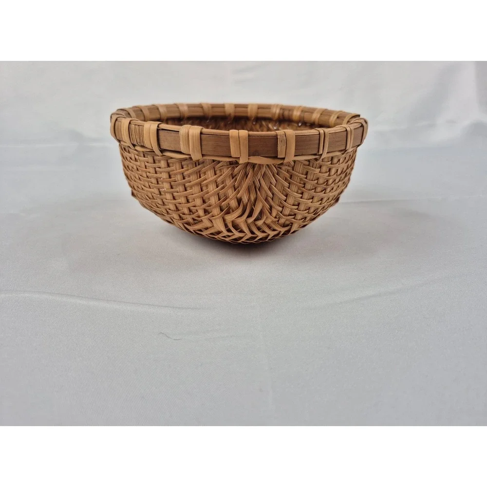 Hand Woven Bamboo Round‎ Basket Herringbone Weave Decorative Bowl 6x3 Inch Boho